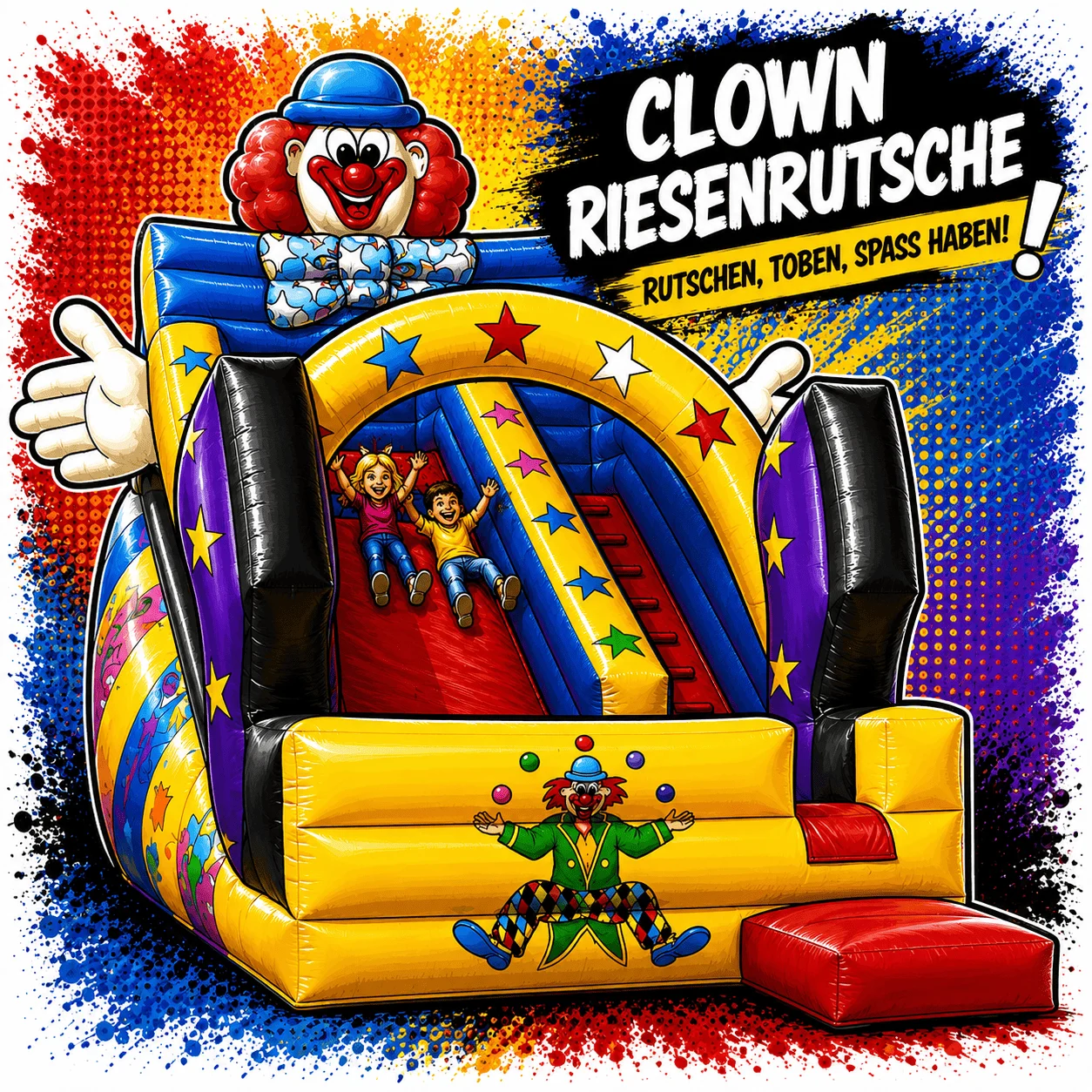 Riesenrutsche Clown mieten für Kinderfeste und Veranstaltungen