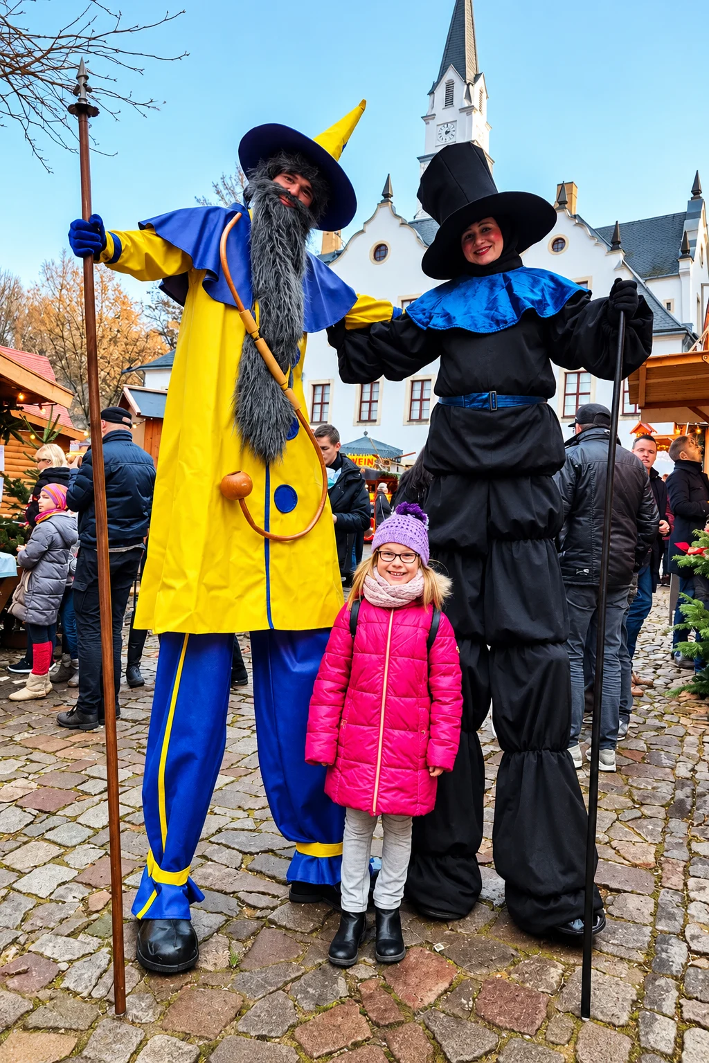 Bunte Weihnachtsmarkt Stelzenfiguren mit Kind