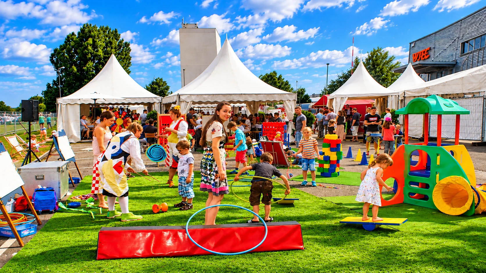 Buntes Kinderfest unter blauem Himmel