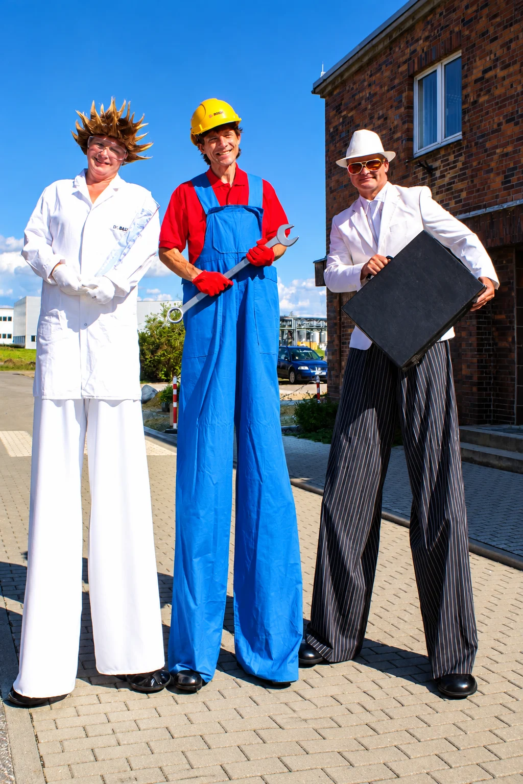 Drei Stelzenfiguren im Sonnenschein
