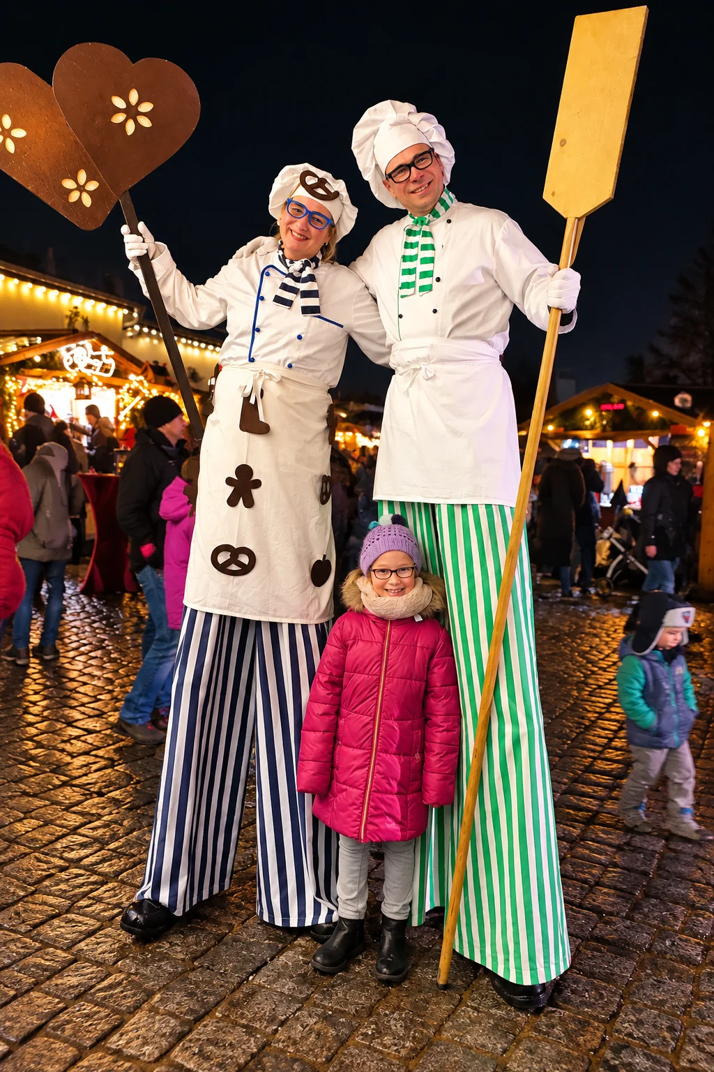 Festliche Weihnachtsmarkt Stelzenlaeufer mit Kind