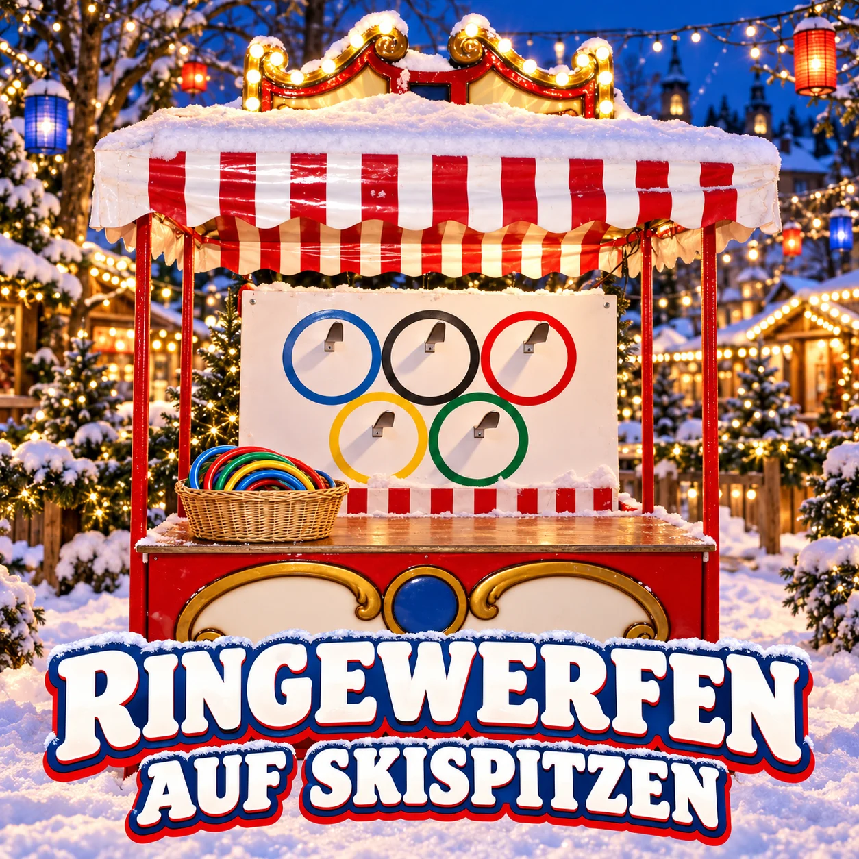Ringewerfen auf Skispitzen im Wintermarkt