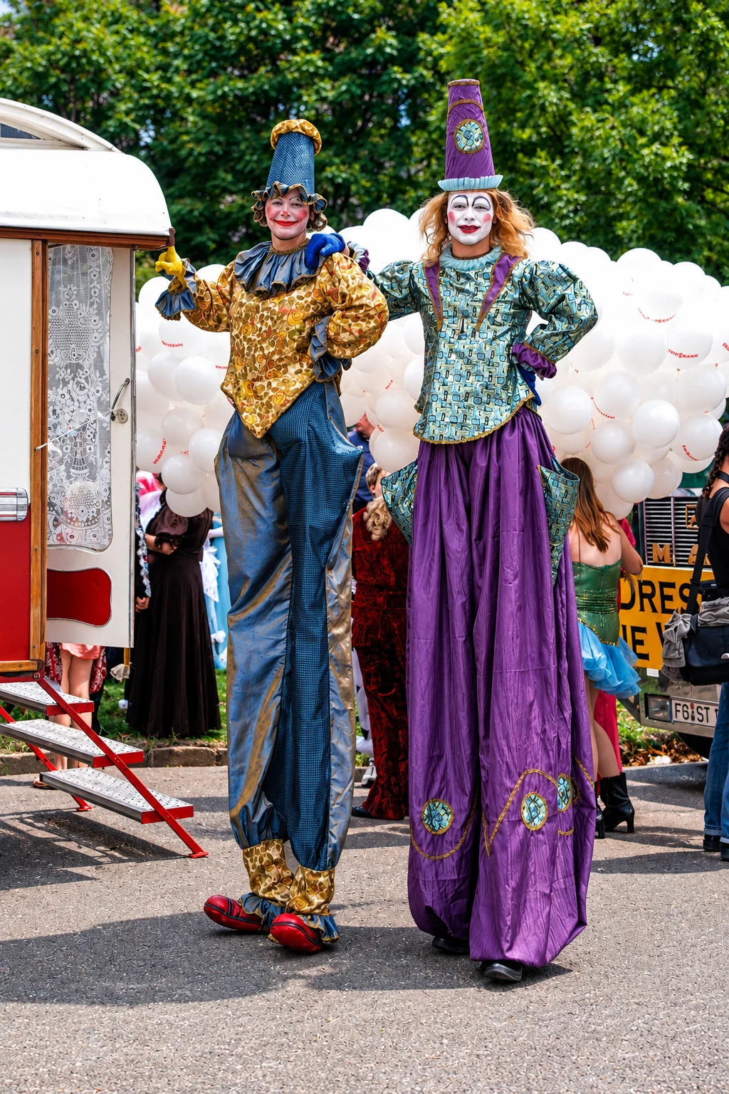 Stelzenclowns beim Strassenfest