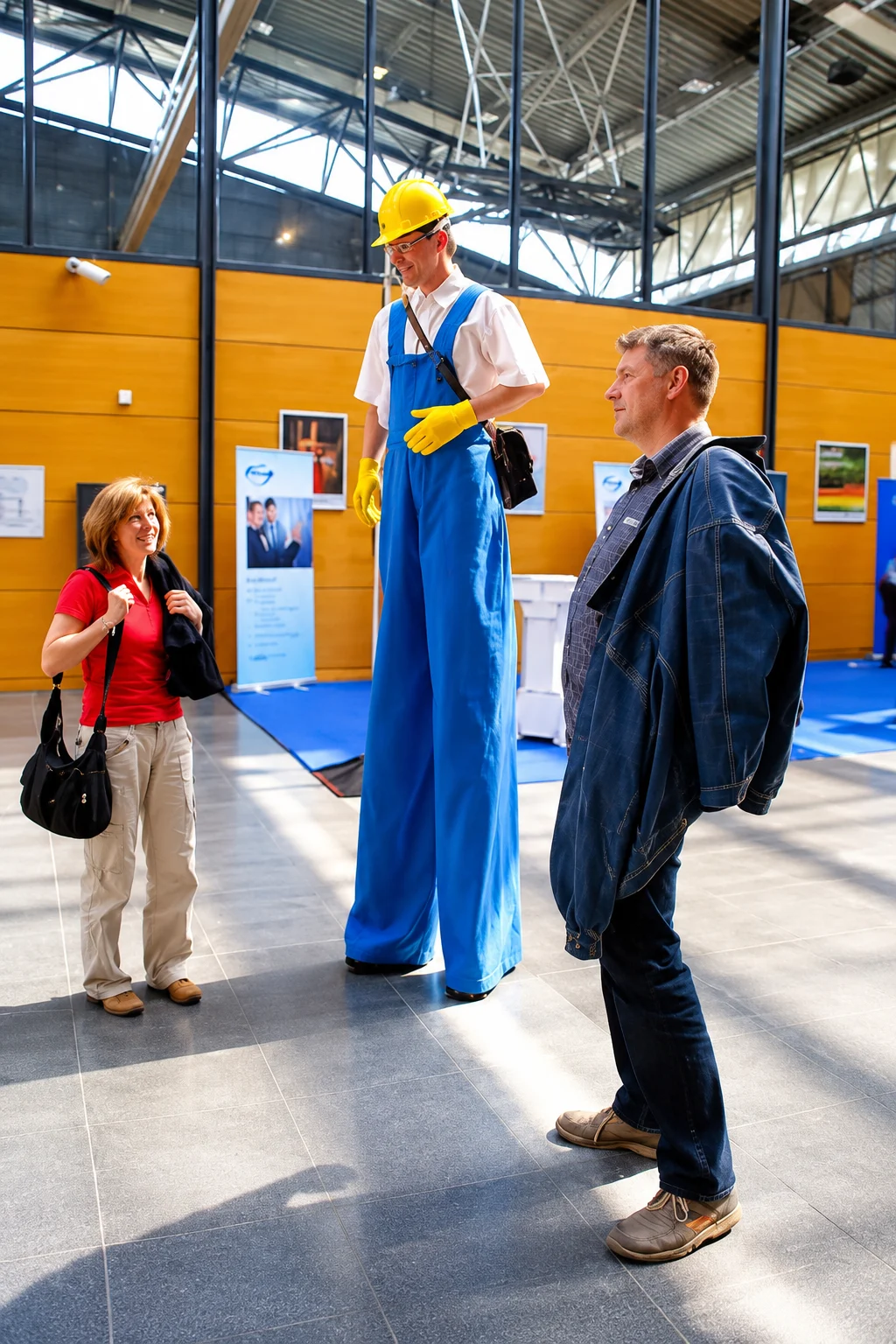 Stelzenlaeufer auf der Messe im Gespraech